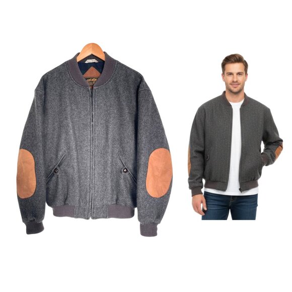 Vintage Eddie Bauer Bomber Jacket Men Large 80s 90s Gray Wool Elbow Patch - Picture 1 of 14